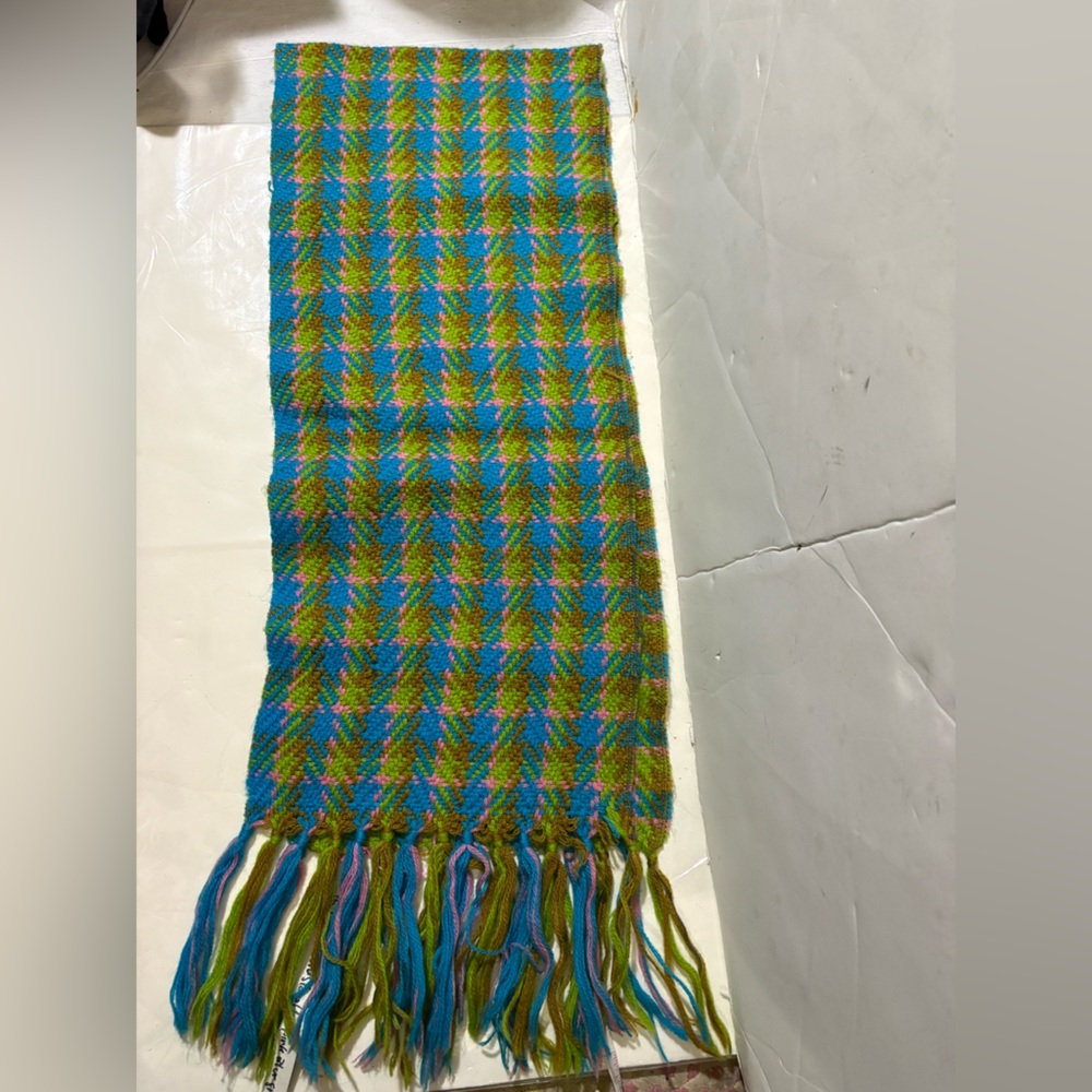 Vintage blue green pink brown Colorful Plaid Scarf with Fringe
